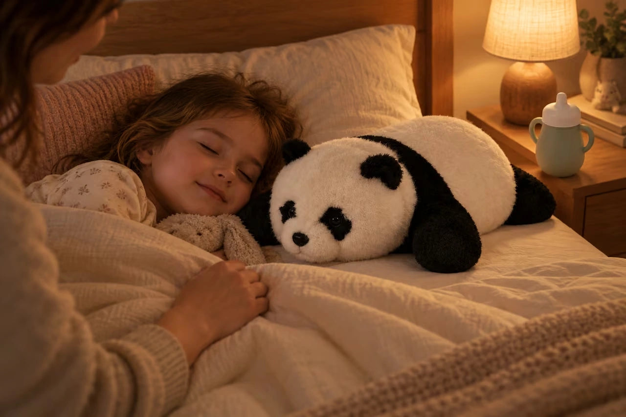 panda przy dziecięcej poduszce podczas wieczornego rytuału