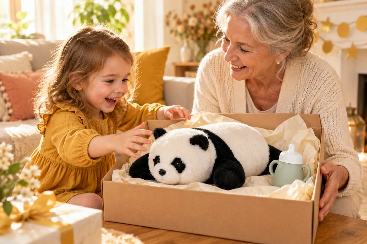 babcia wręcza dziecku Smart Panda AI w pudełku prezentowym