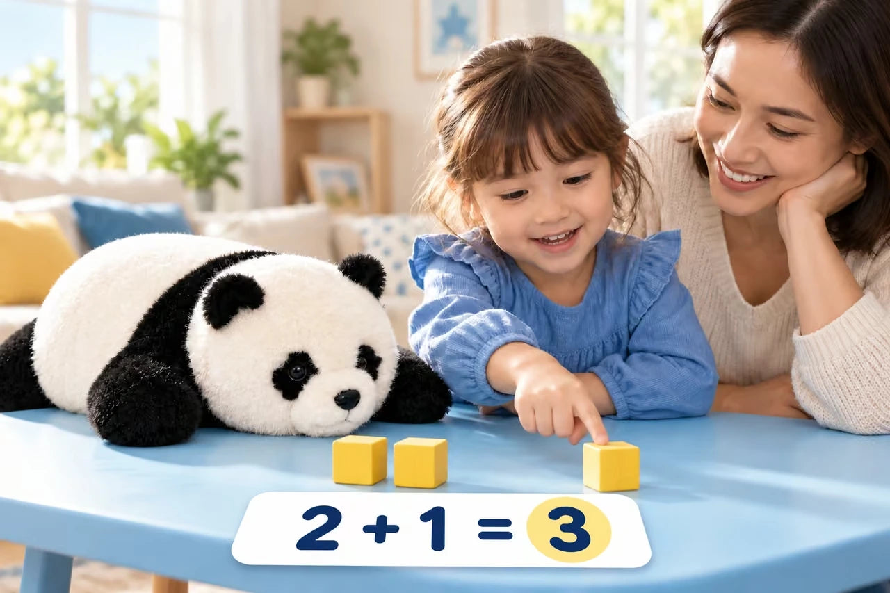 2 + 1 = 3: dziecko dodaje jeden klocek do dwóch i liczy razem z rodzicem, panda leży obok