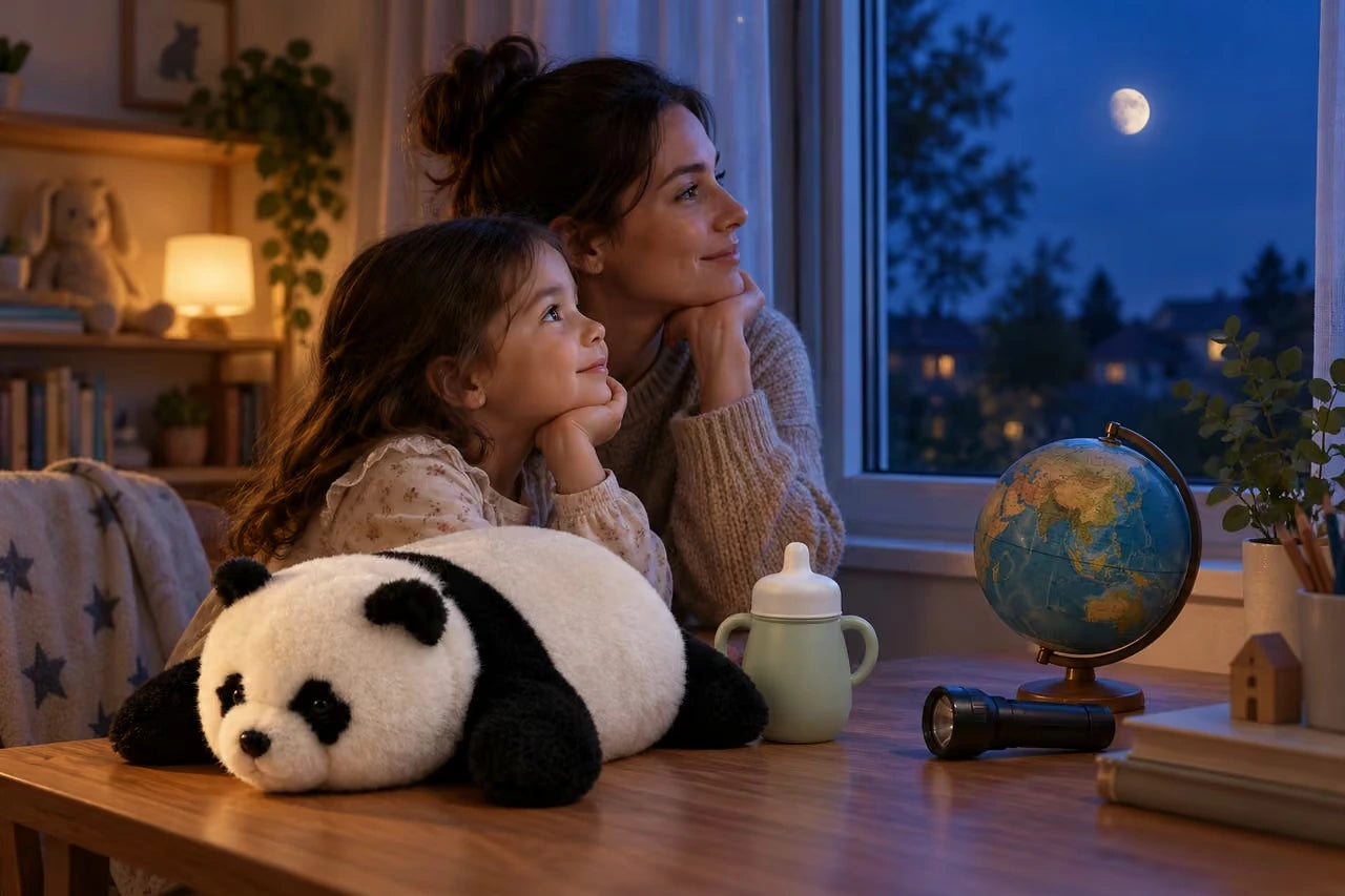 dziecko i rodzic poznają Księżyc przy oknie, panda leży obok