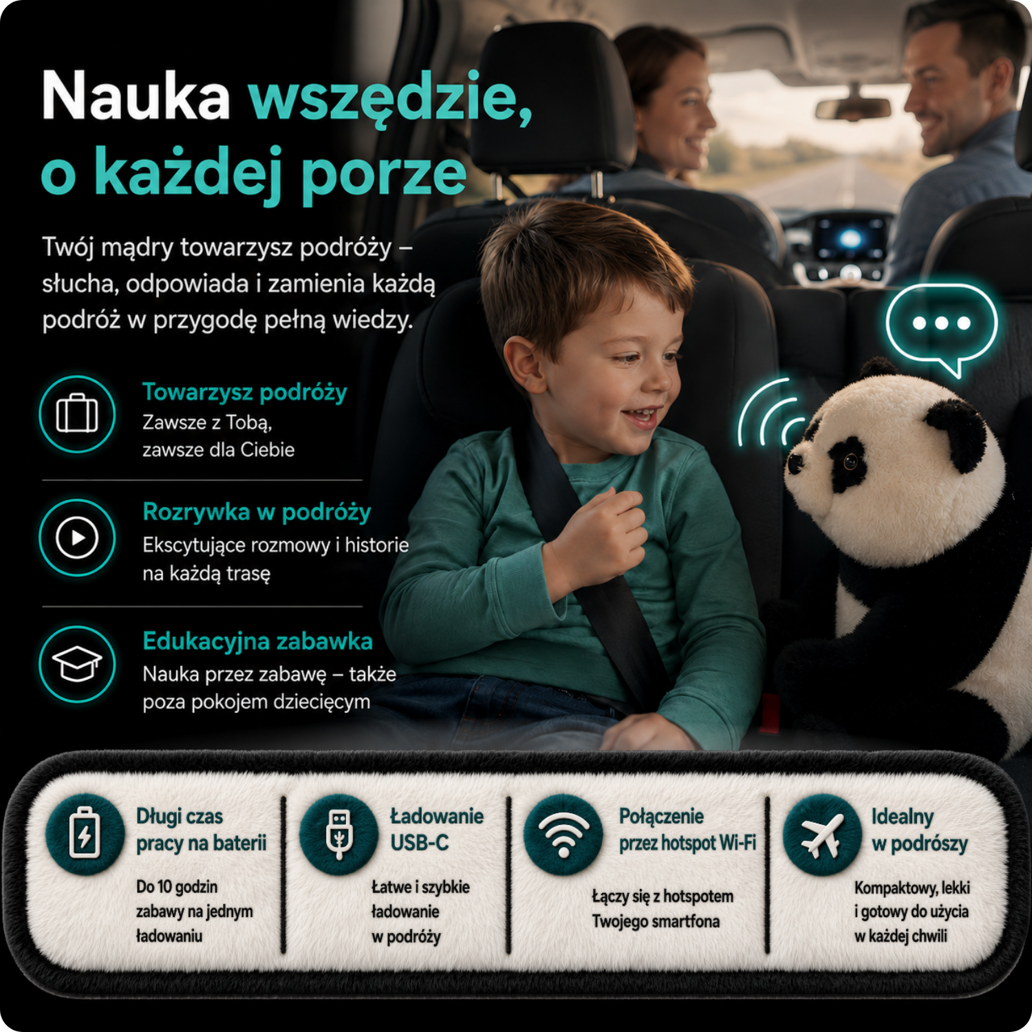 AI PANDA – interaktywna pluszowa zabawka i maskotka z AI dla dzieci 3+, mówi, odpowiada na pytania, uczy i bawi