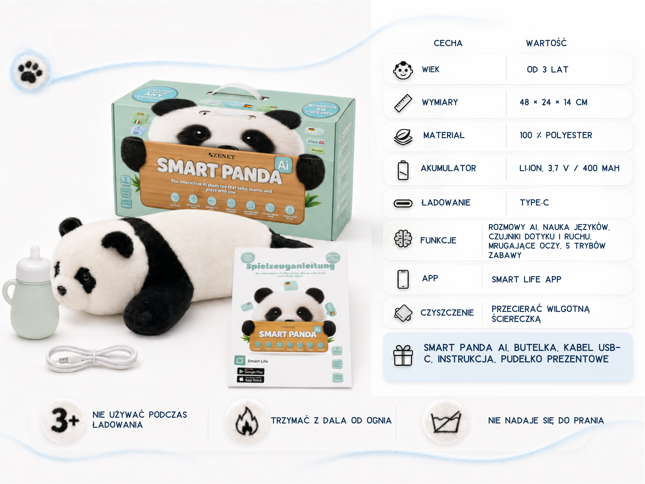 AI PANDA – interaktywna pluszowa zabawka i maskotka z AI dla dzieci 3+, mówi, odpowiada na pytania, uczy i bawi