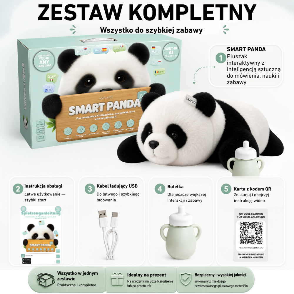 AI PANDA – interaktywna pluszowa zabawka i maskotka z AI dla dzieci 3+, mówi, odpowiada na pytania, uczy i bawi