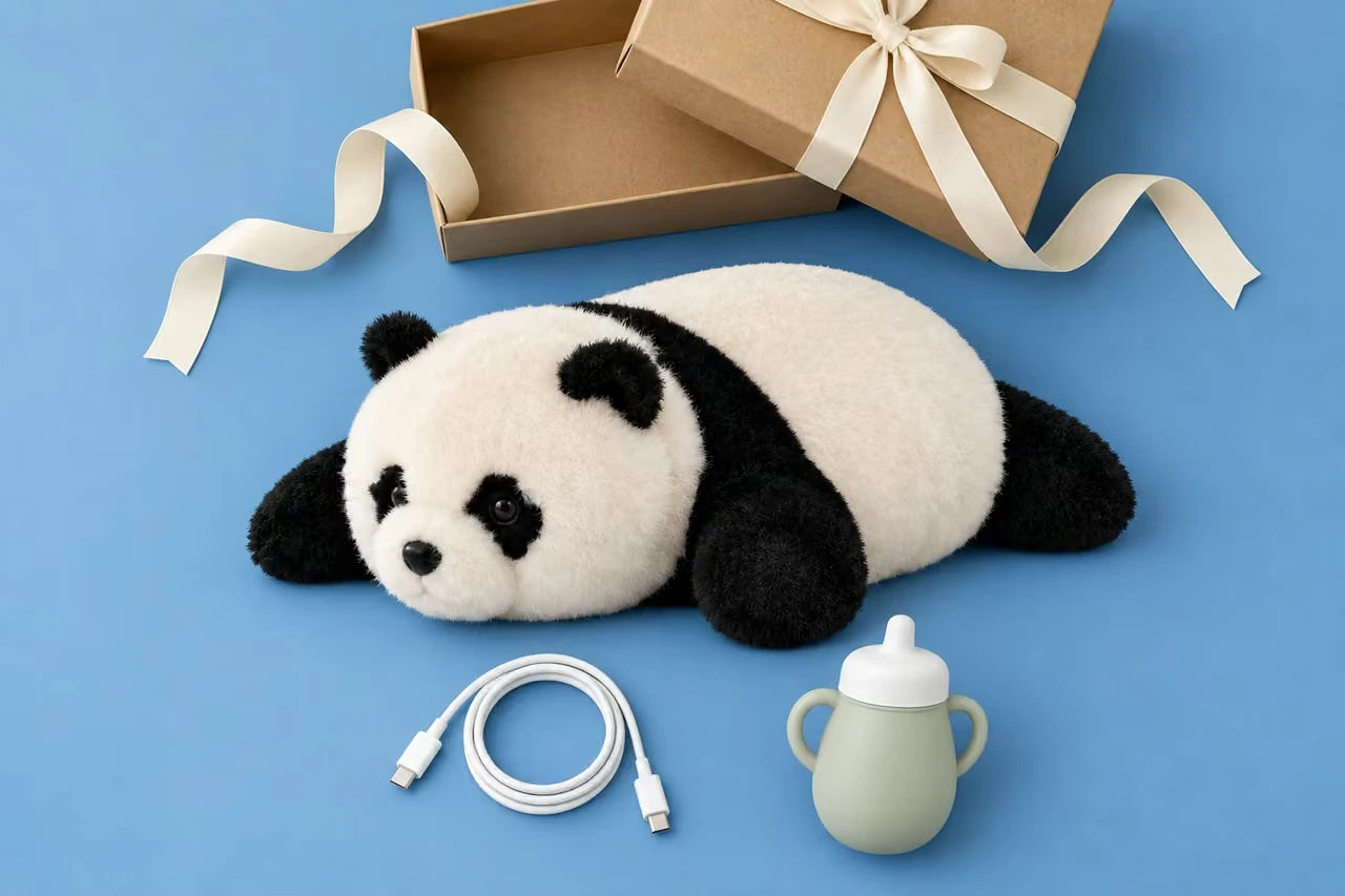 panda, buteleczka, kabel USB-C i pudełko prezentowe