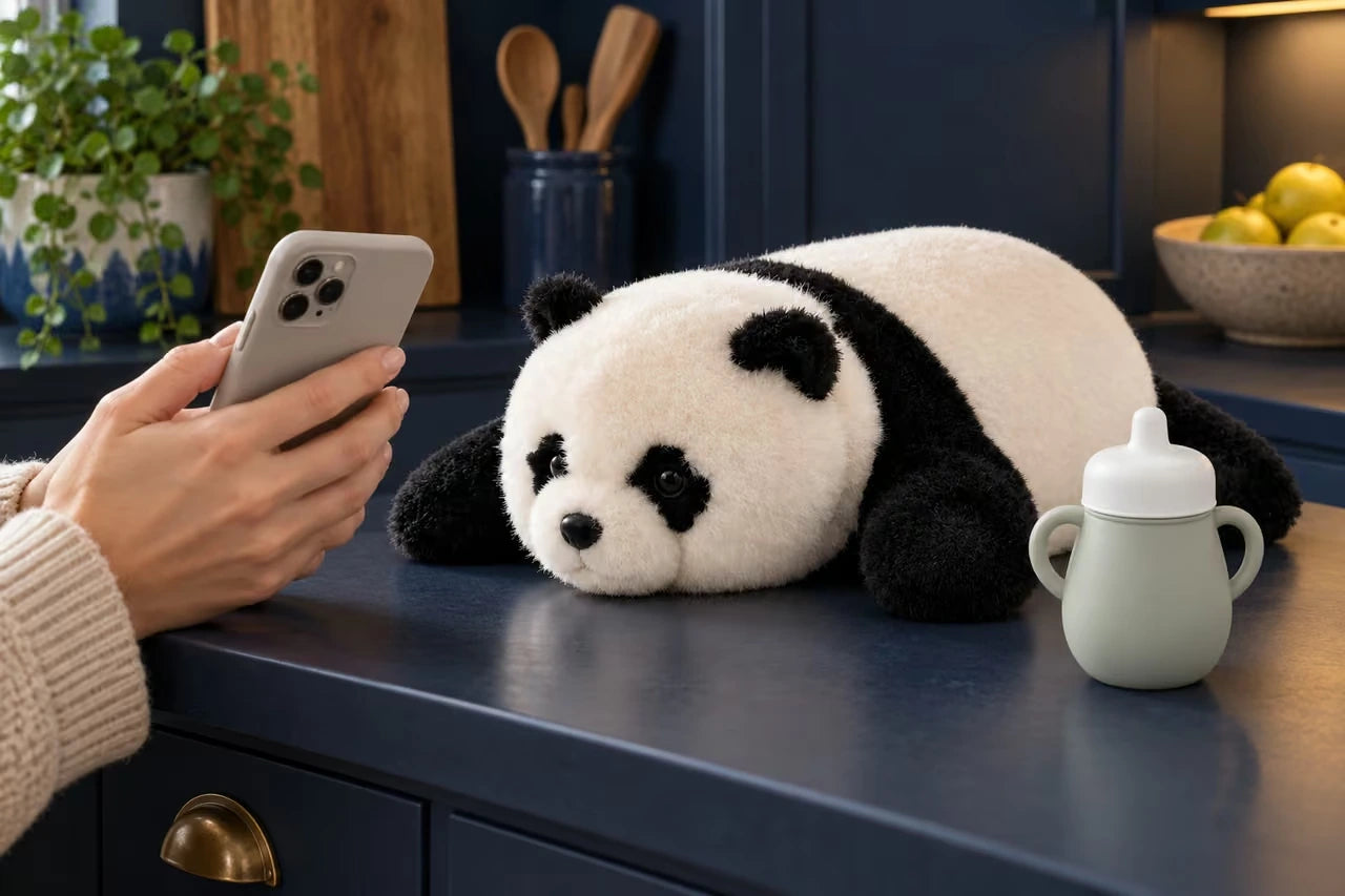 rodzic przygotowuje smartfon i pandę do konfiguracji